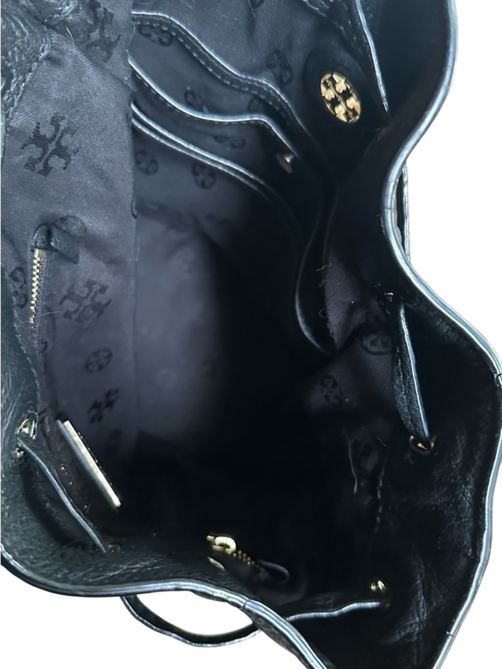 Tory Burch Pebbled Leather Bucket Bag Black Gold Drawstring w Dust Bag EUC - Picture 12 of 15